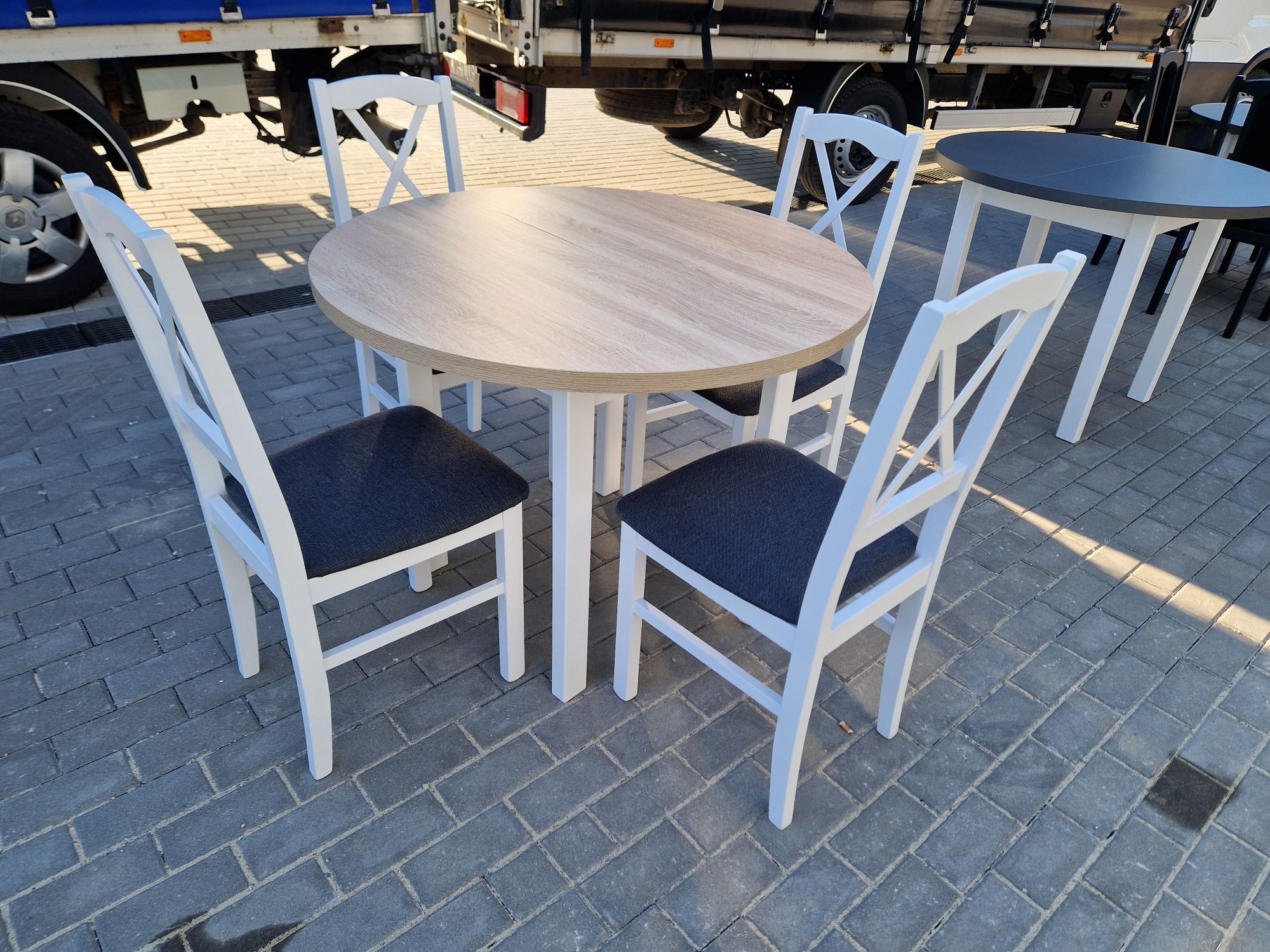 Nowe : Stół okrągły + 4 krzesła, biały/sonoma + grafit , dostawa PL