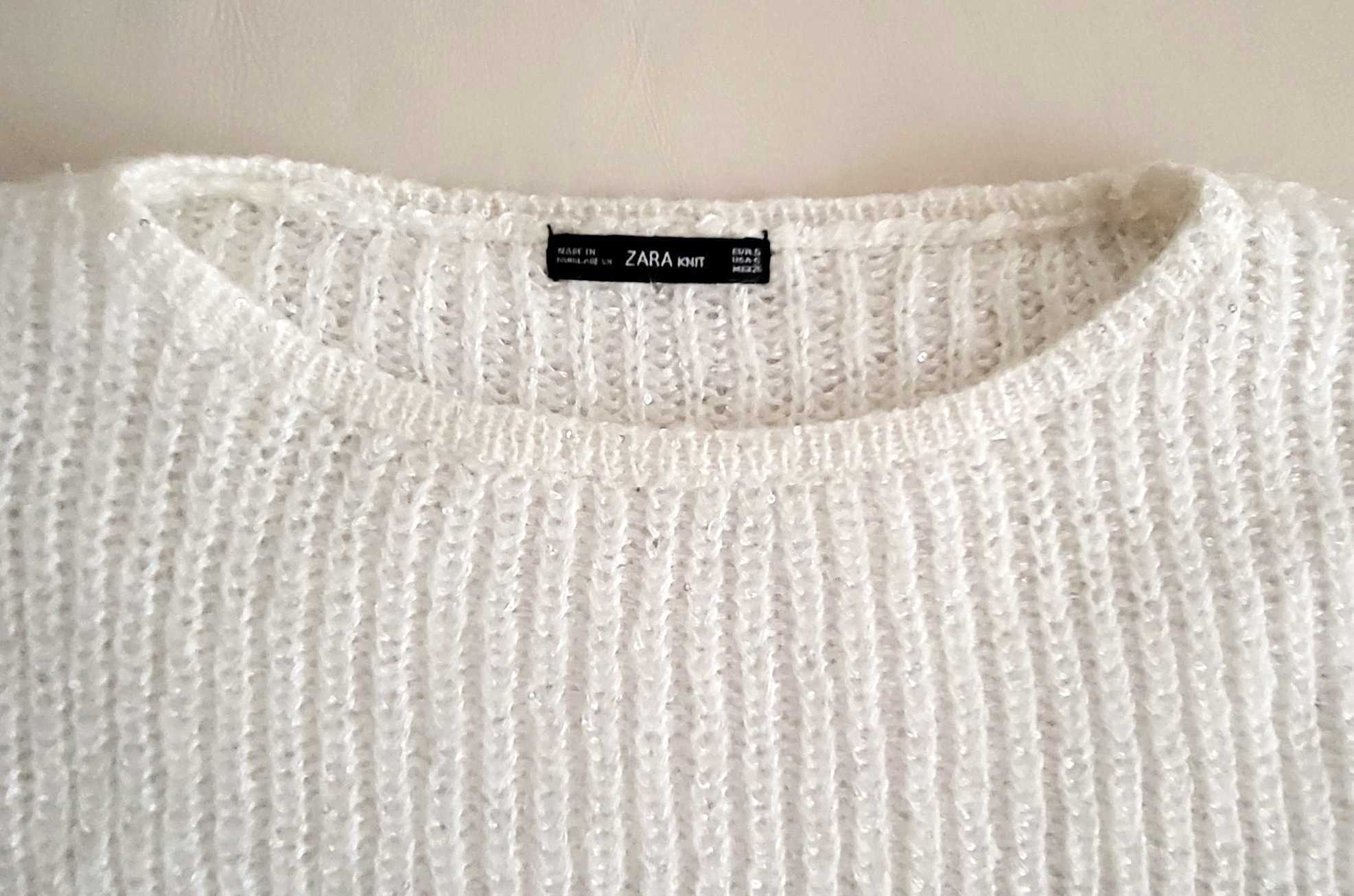 Zara uroczy sweter ecru z delikatnymi cekinami XS/S