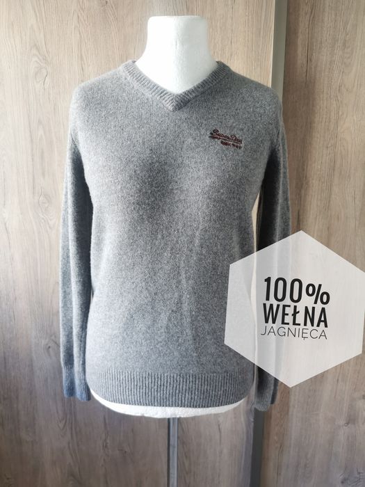 Superdry wełniany szary sweter dekolt V 100% wełna jagnięca M