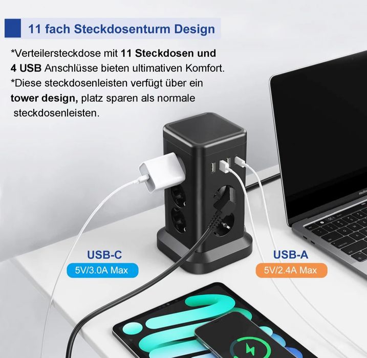 Listwa zasilająca antyprzepięciowa czarna 230v x11 USB a USB C NOWA