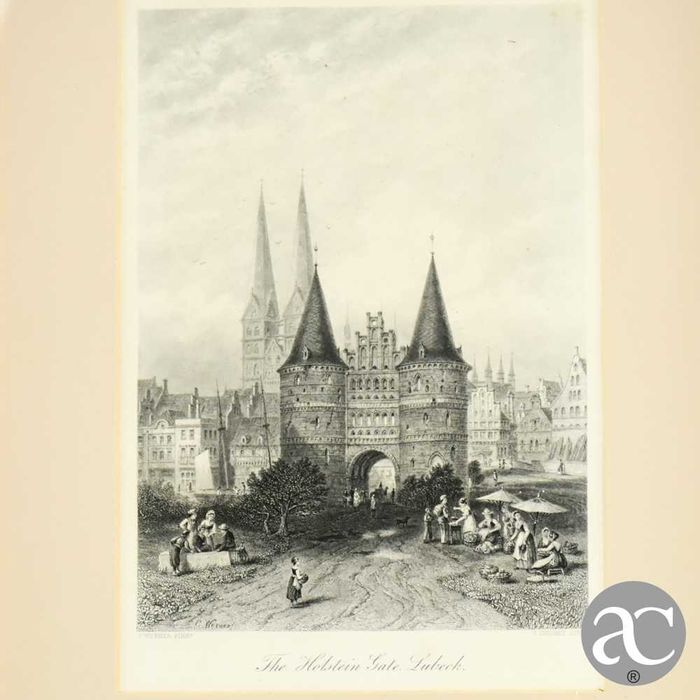 Gravura “The Holstein Gate, Lubeck.”, emoldurada