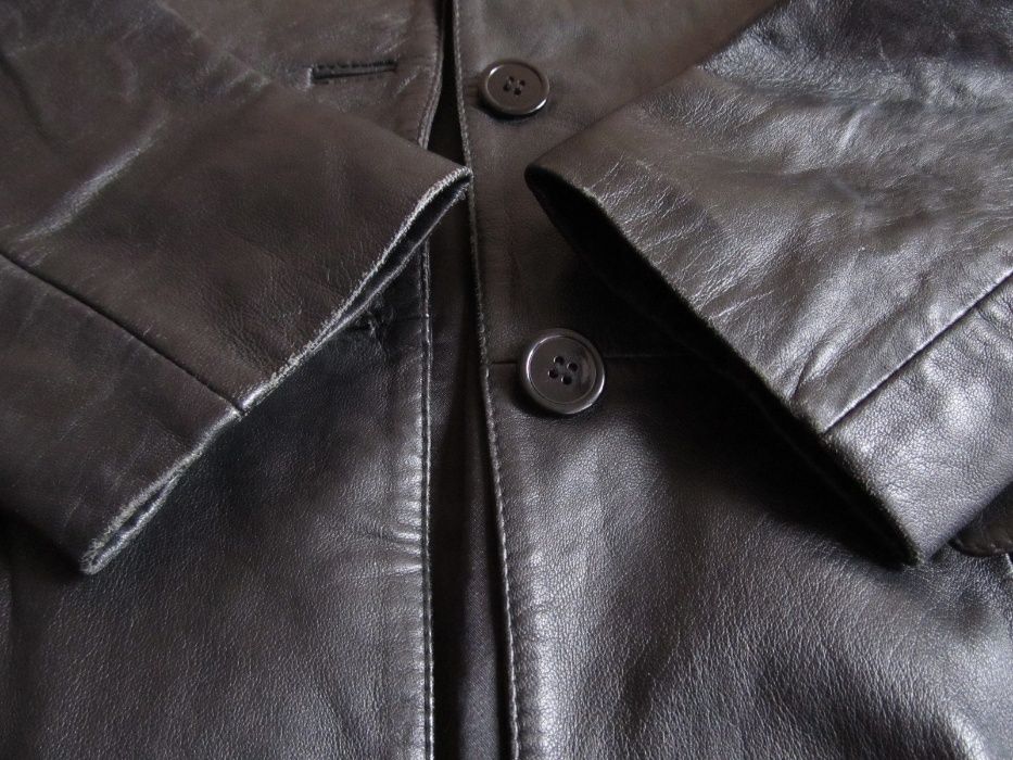 172 cm M 38-40 skóra taliowany czarny damski płaszcz skórzany jak nowy