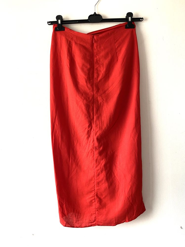 H&M czerwona spódnica midi linen blend wysoki stan
