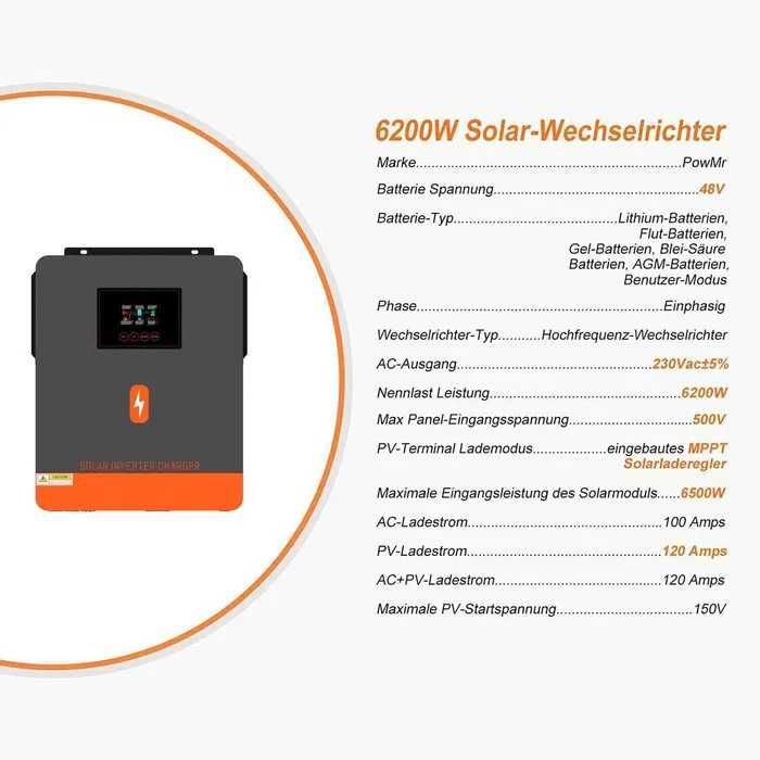 Гибридный Инвертор 2 фазы PowMr 6200 6.2 KW 48V Подмес НАЛИЧИЕ