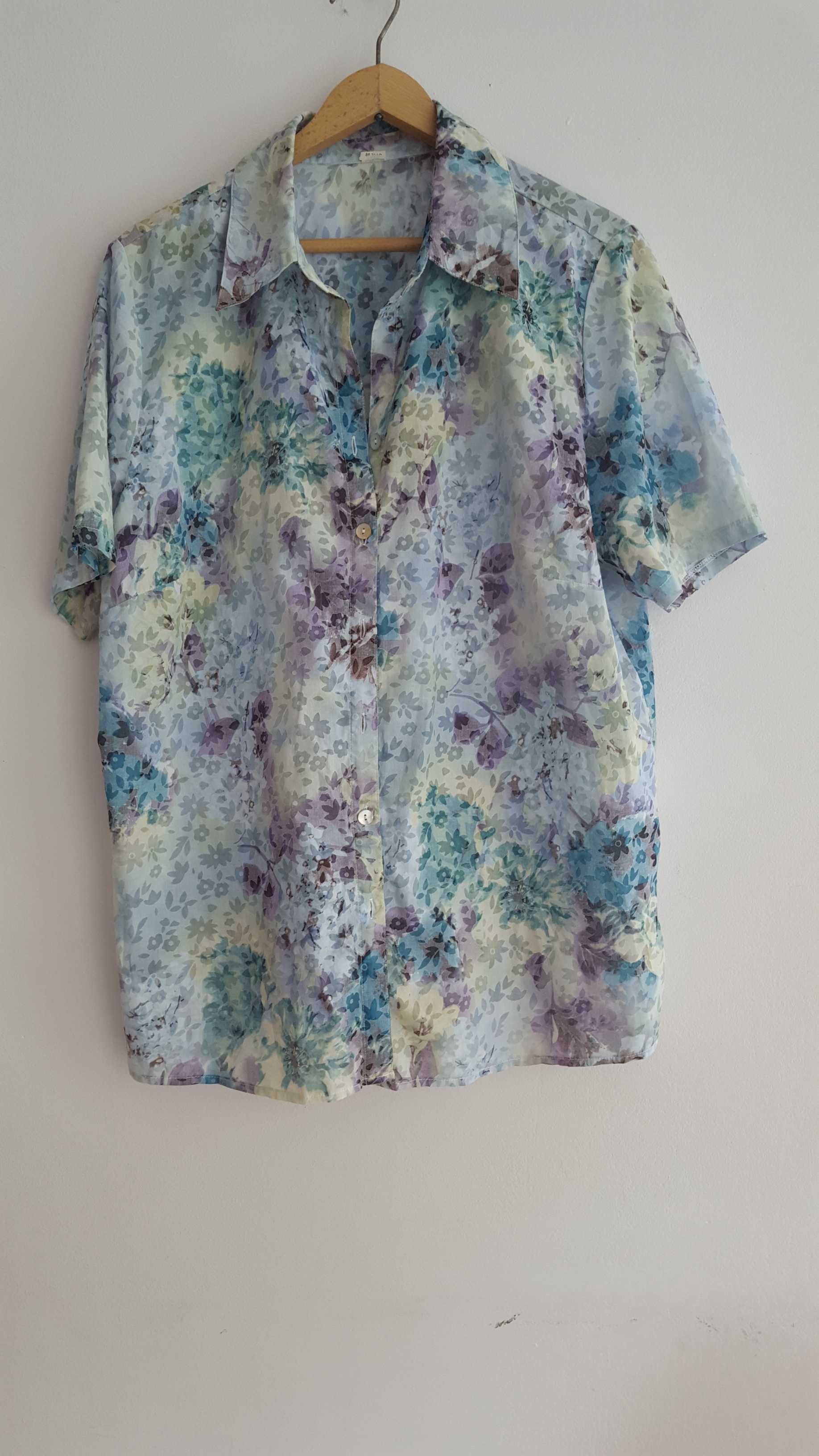 Bluzka koszulowa w kwiaty krótki rękaw narzutka, XL