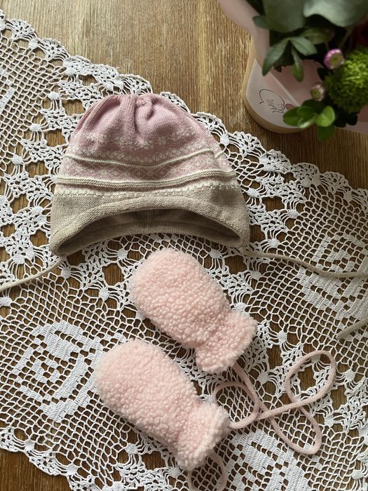 Комплект шапочка и варежки рукавички для новорожденных