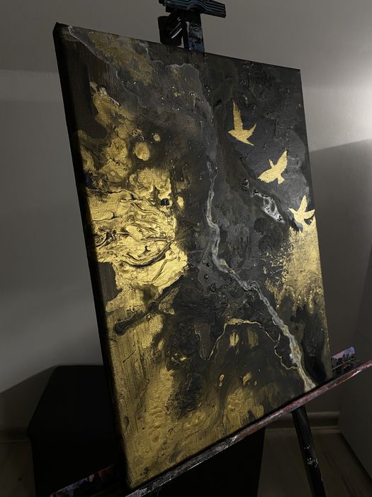 Złoty obraz w stylu glamour , malowany akrylem