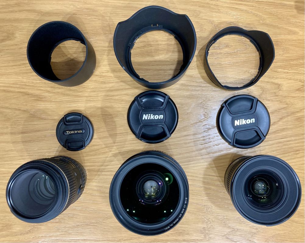 Lustrzanka cyfrowa Nikon D800, 3 obiektywy Nikkor i Tokina.
