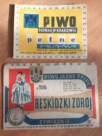 2 stare etykiety z lat 60-tych: Beskidzki Zdrój i pełne z Br Kraków