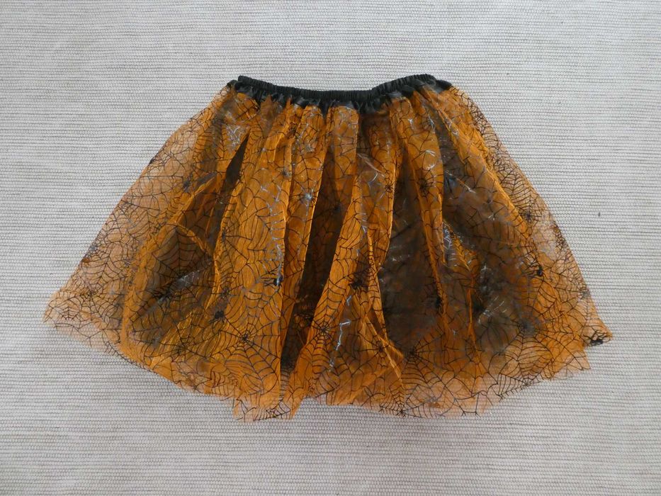 Saia Halloween - Tule Laranja c/ Aranhas | Cetim Preto | T. Único