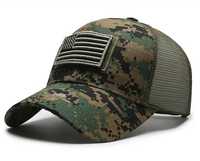 Przewiewna czapka z daszkiem wzór wojskowy flaga amerykańska na rzep.