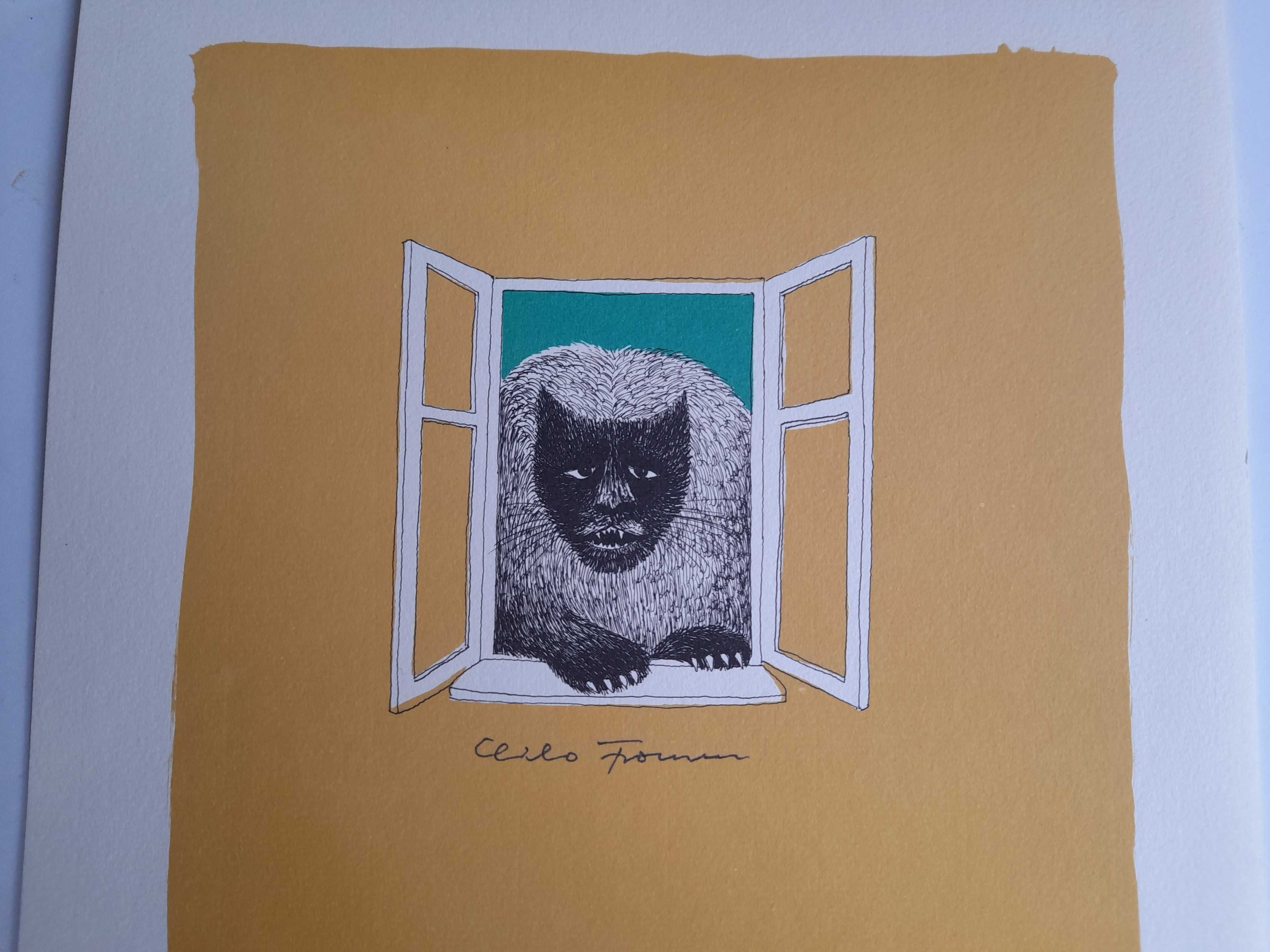 Obraz grafika Kot w oknie (sygnowana podpisem autora)