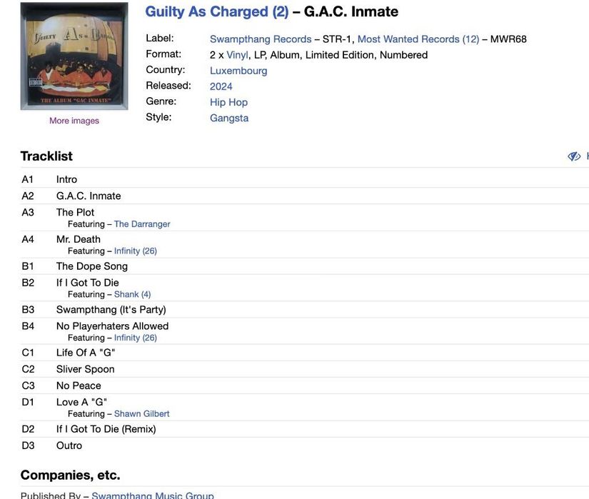 Guilty As Charged "The Album GAC Inamate" Winyl Absolutny Unikat Nowy!