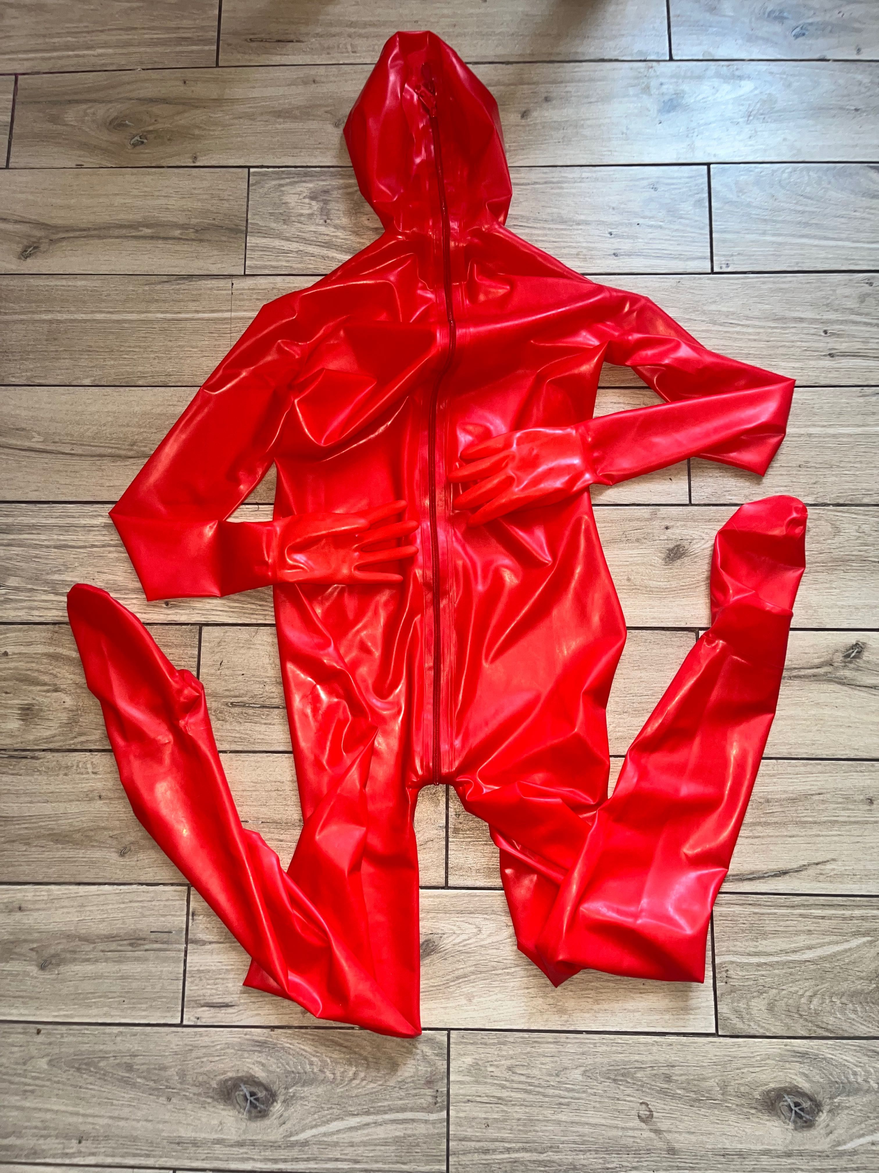 720/ Czerwony XL kombinezon catsuit maska stopy rece lateks latex 0.4
