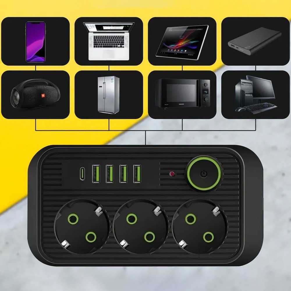 Удлинитель Сетевой фильтр 2500Вт, 2м, (3×220В + 4×USB + 1×Type-C)