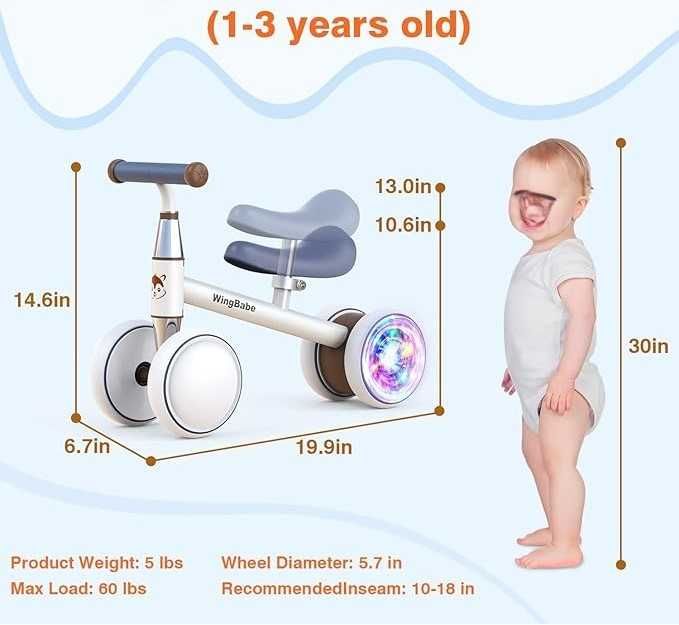 WINGBABE Rowerek Biegowy dla Dzieci od 1 Roku Świecące Koła do 90 cm.