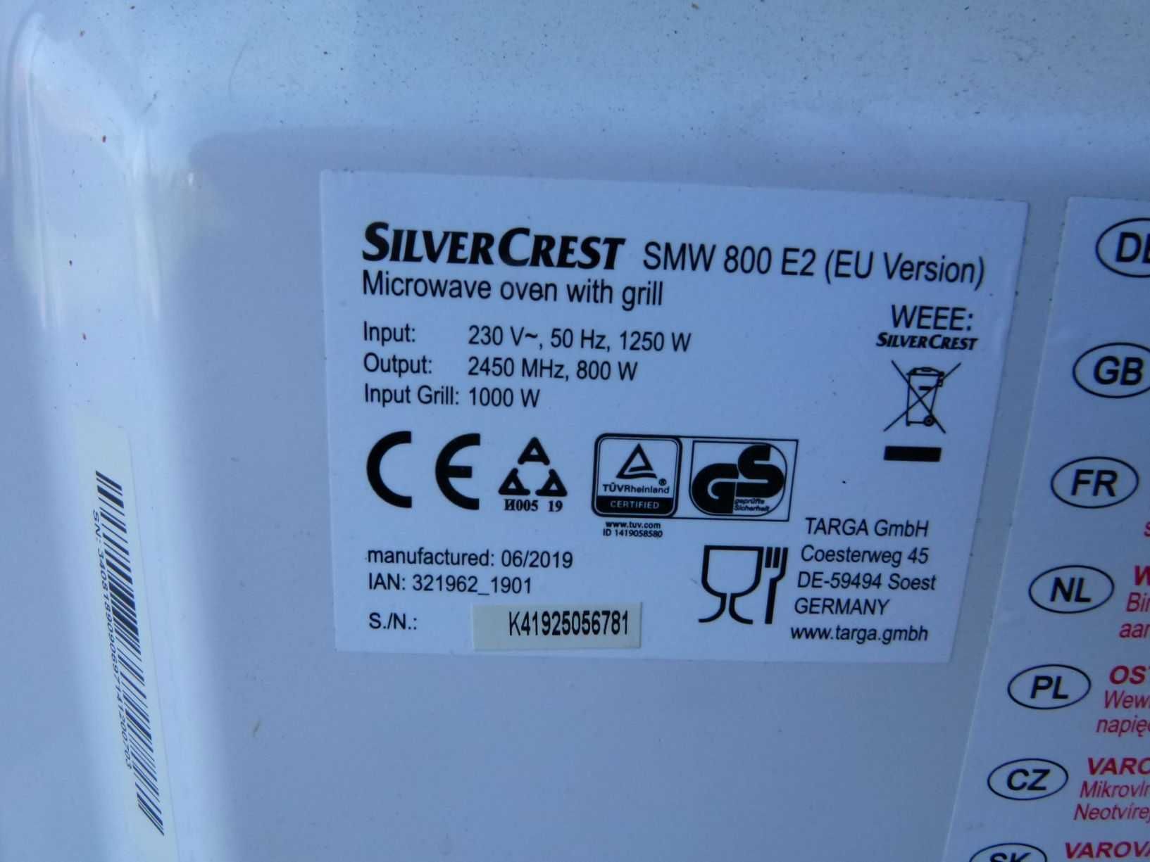 Kuchenka mikrofalowa SilverCrest SMW800 S2 grill elektronika SPRAWNA