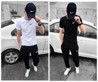 Літній чоловічий комплект Nike футболка + штани чорний білий