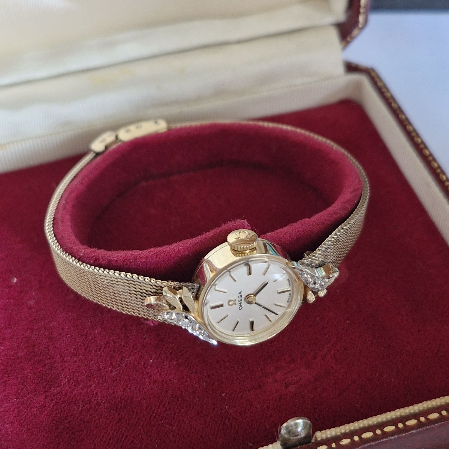 Retro złoty 14k zegarek damski Omega diamenty bransoletka 18 cm