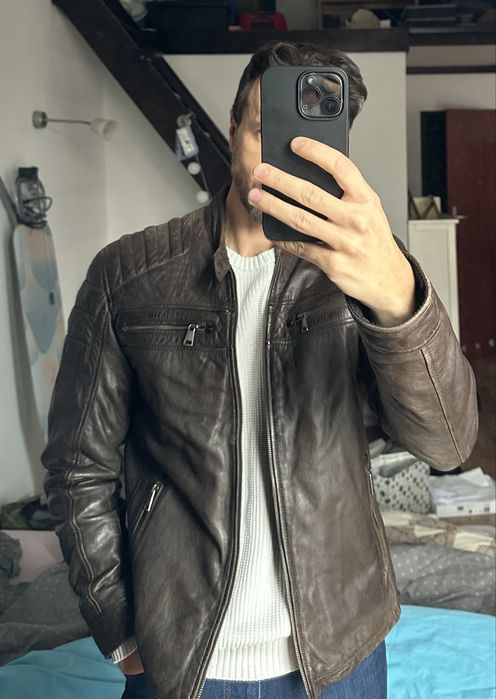 Kurtka skórzana męska brązowa ramoneska café racer pikowana S/M