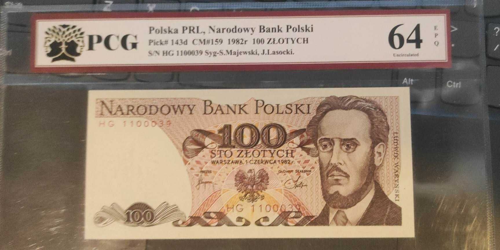 banknot 100 zł 1982 seria HG PCG 64 EPQ (pierwsza seria rocznikowa)