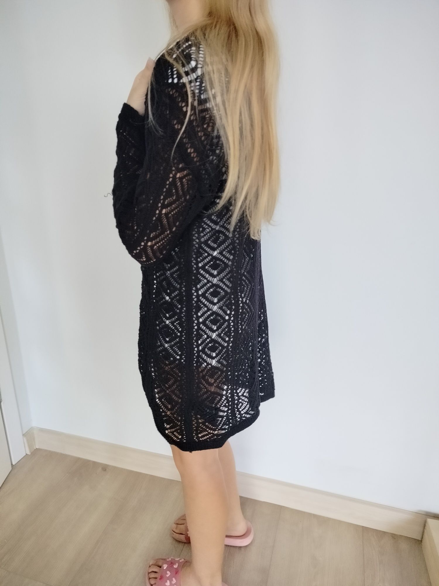 Kardigan dziewczęcy ażurowy H&M czarny 146/152