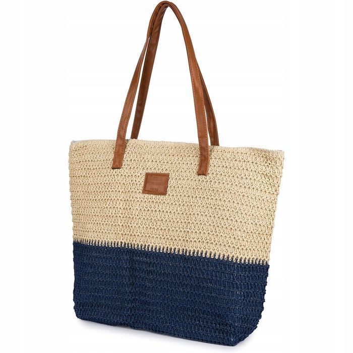 Granatowa Torba plażowa duża na lato rączki solidna koszyk plecionka