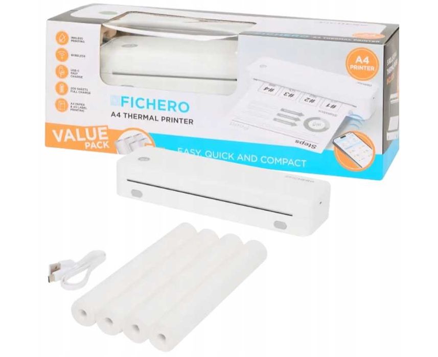Drukarka Termiczna Fichero A4 – Bez Tuszu – Bezprzewodowa