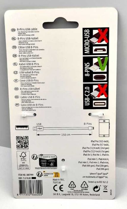 Kabel USB Apple Lightning Iphone iPad Pro 8 pin ładowanie długość 1,5m