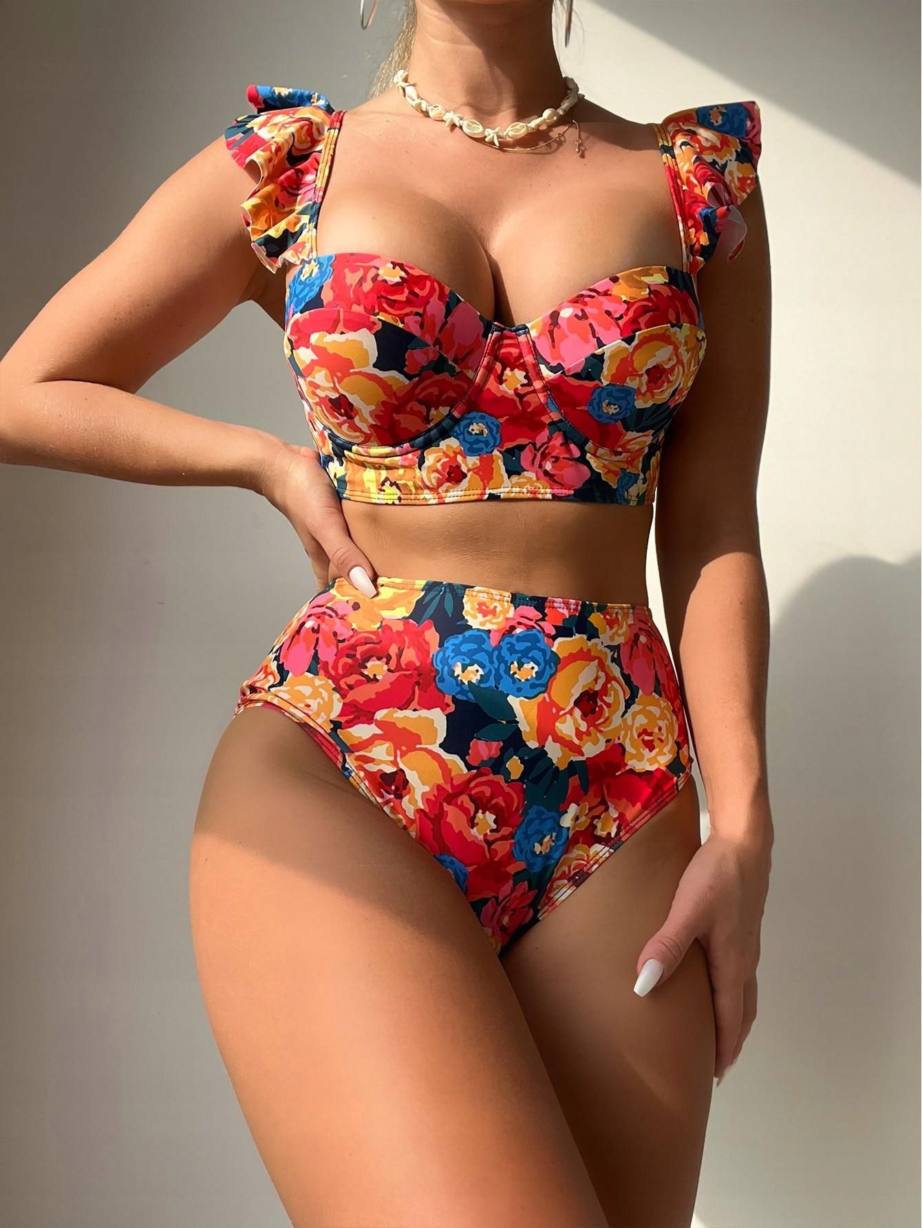 Strój Kąpielowy Bikini W Kwiaty Push-Up Z Fiszbinami Shein M