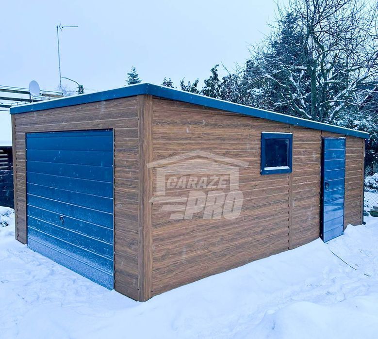 Garaż Blaszany 4x6 okno - drzwi - Antracyt drewnopodobny GP255