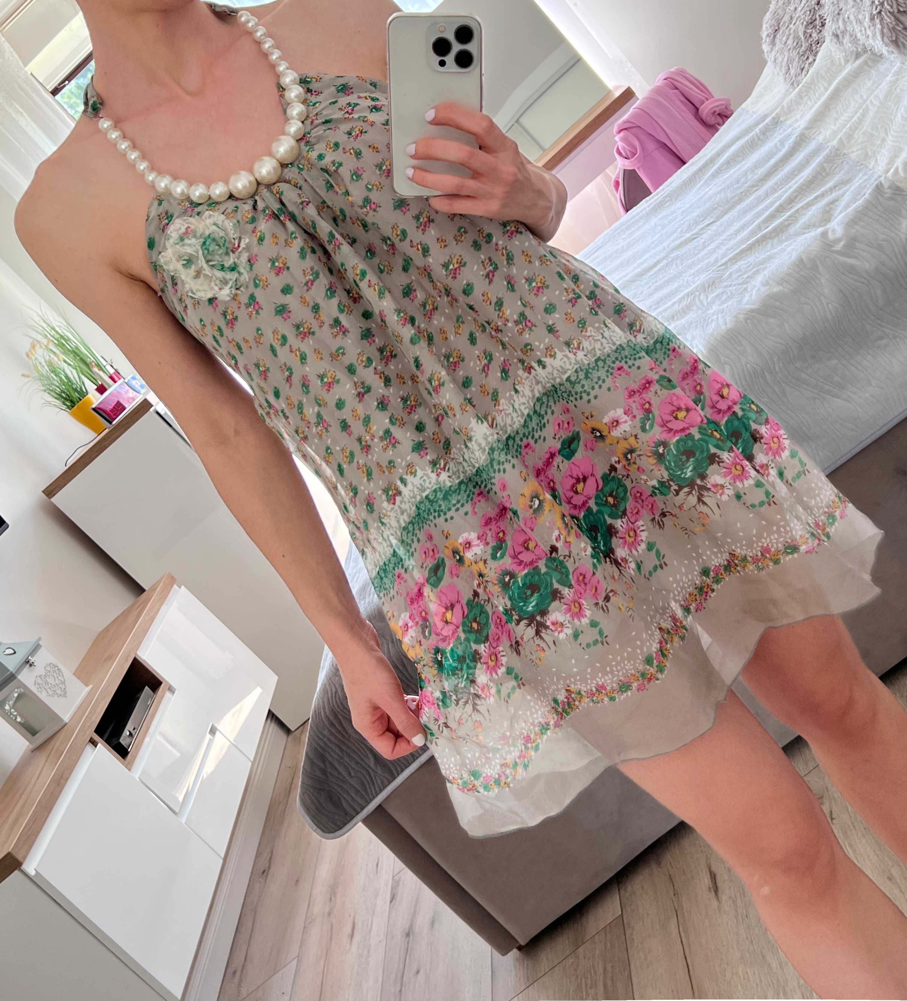 S26 sukienka mini perly kwiaty letnia xs