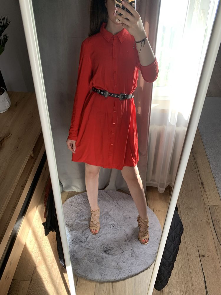 Sukienka koszulowa czerwona promod długi rękaw s