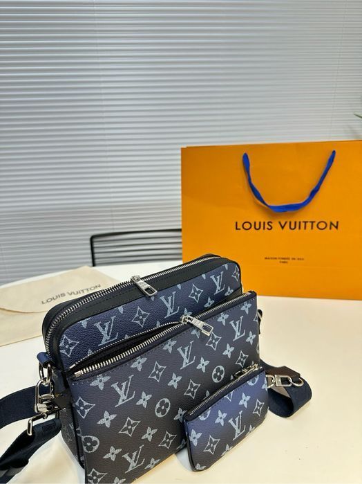 Louis Vuitton trio messenger сумка 3v1, 3в1 мужская синяя кожаная