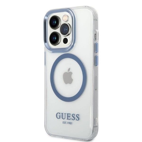 Guess Etui do iPhone 14 Pro 6,1" Metal Outline Magsafe - Niebieski