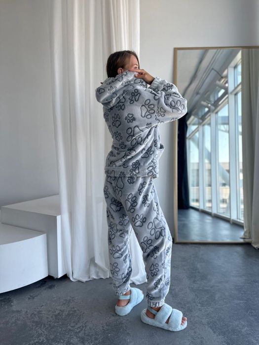 Женская махровая пижама зимняя кофта и штаны с принтом S-XXL свободная