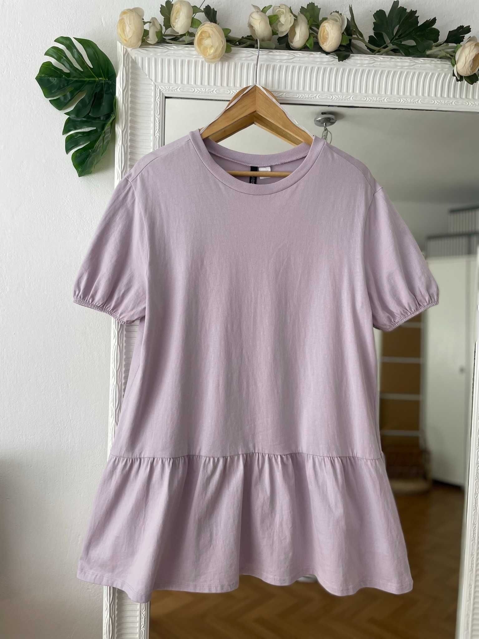 H&M sukienka wrzosowa liliowa babydoll falbana bufiaste rękawy S 36