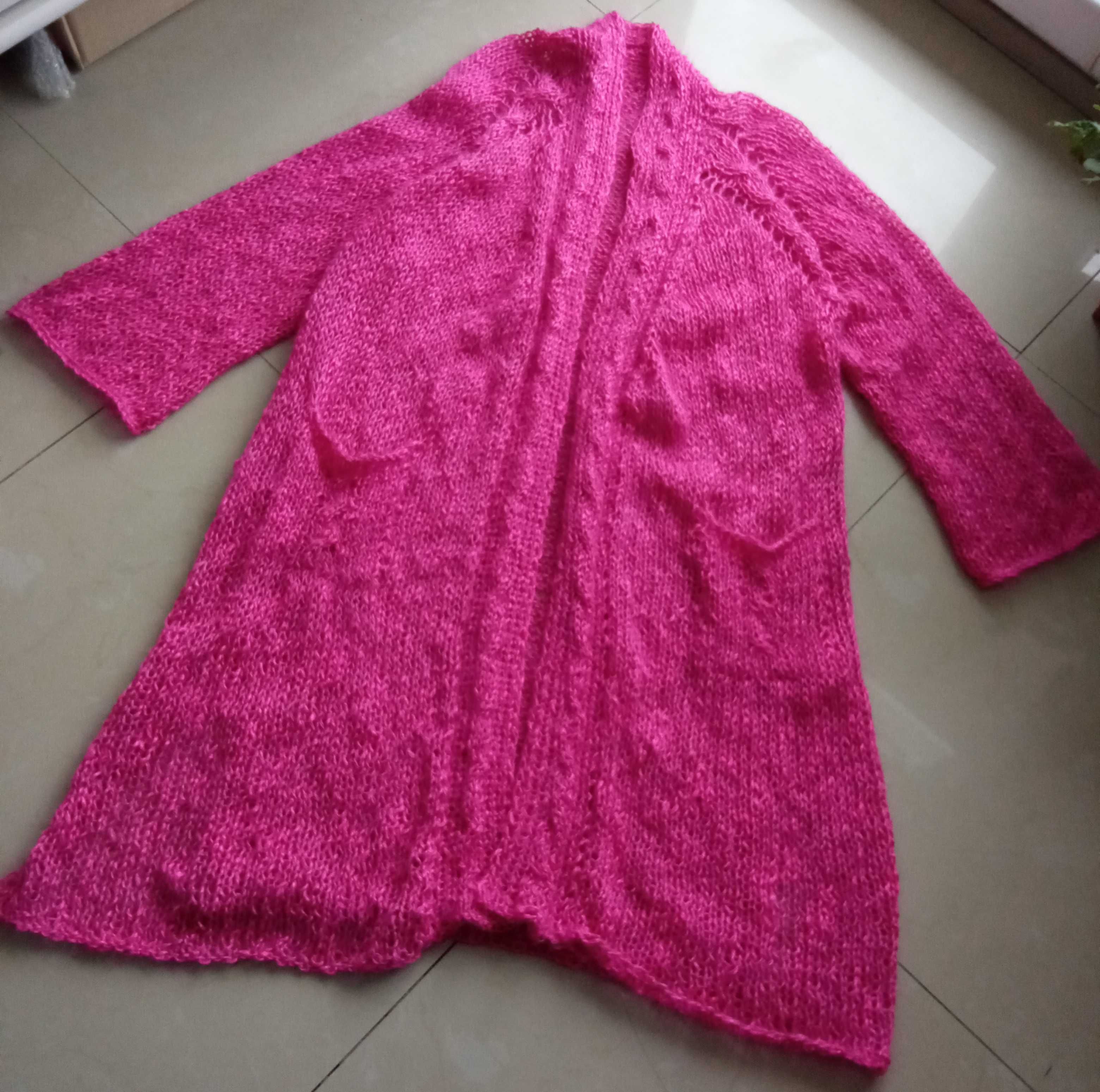 Ręcznie robiony sweter kardigan płaszcz Kid Silk 50 52 fuksja nowy