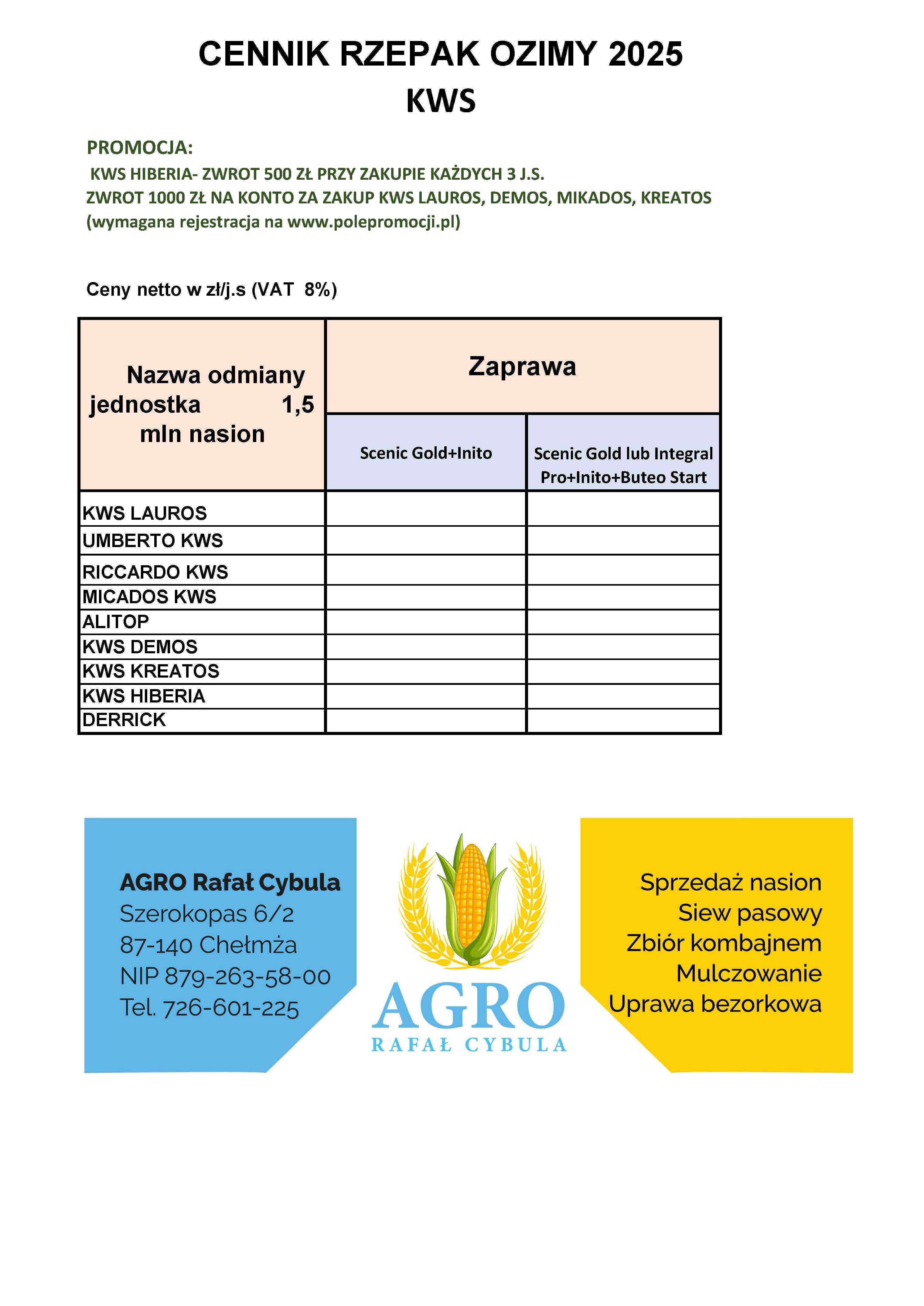 Nasiona rzepaku Rapool, KWS, Basf, Bayer, LG, IGP