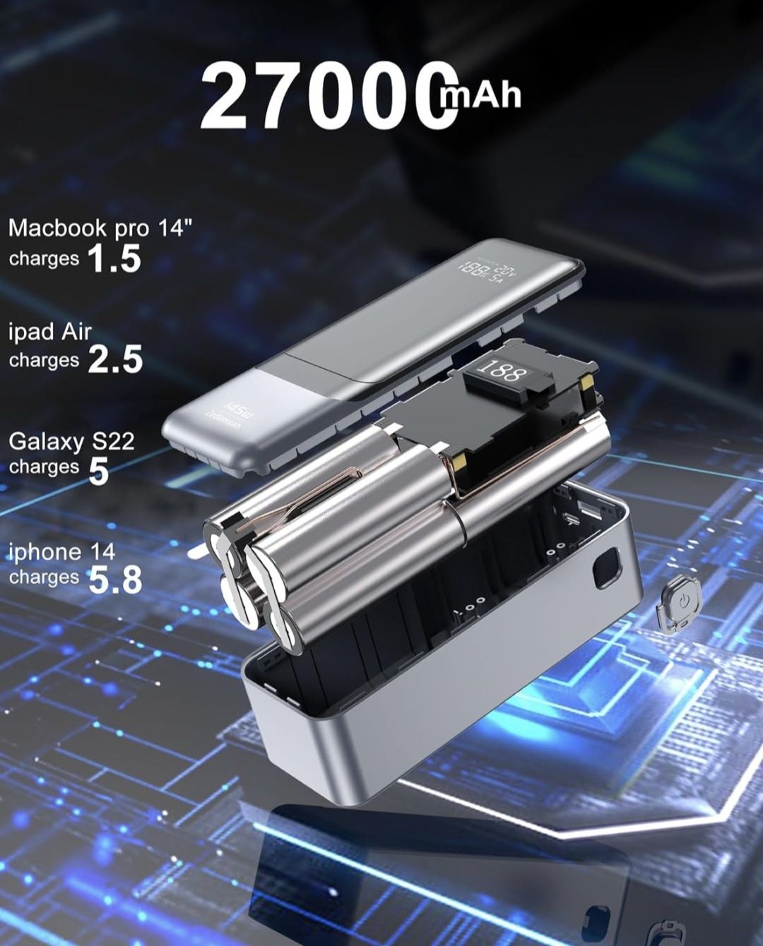 Power Bank для ноутбуків 27000мАч 145W+QC (Повер Банк 145Ватт)