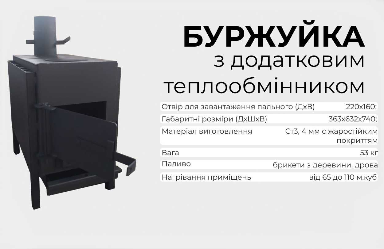 Піч буржуйка з додатковим теплообмінником, НОВА