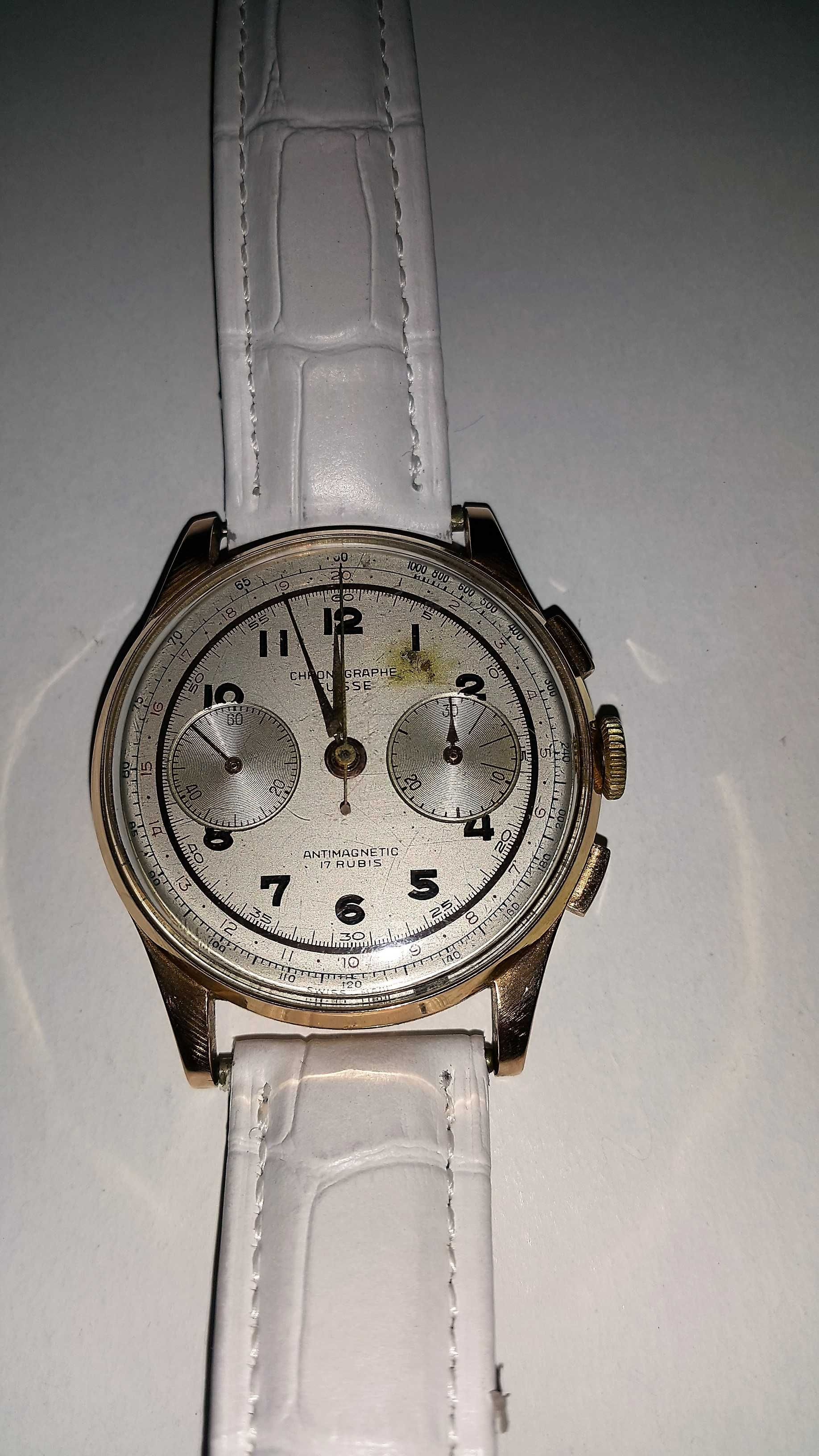 Złoty zegarek Chronographe Suisse, Chronograf, Antimagnetic, 17 Jevels