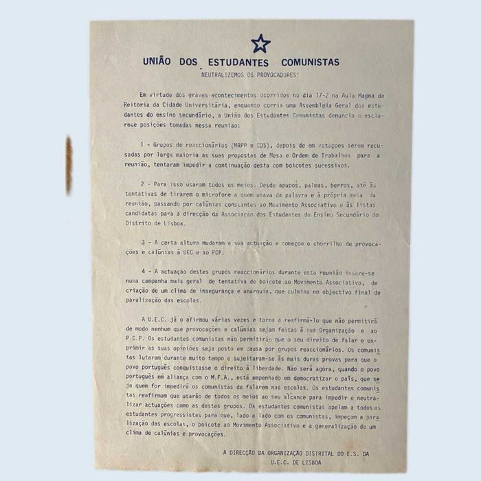 Folheto Clandestino Propaganda UEC “Neutralizemos os Provocadores” 75
