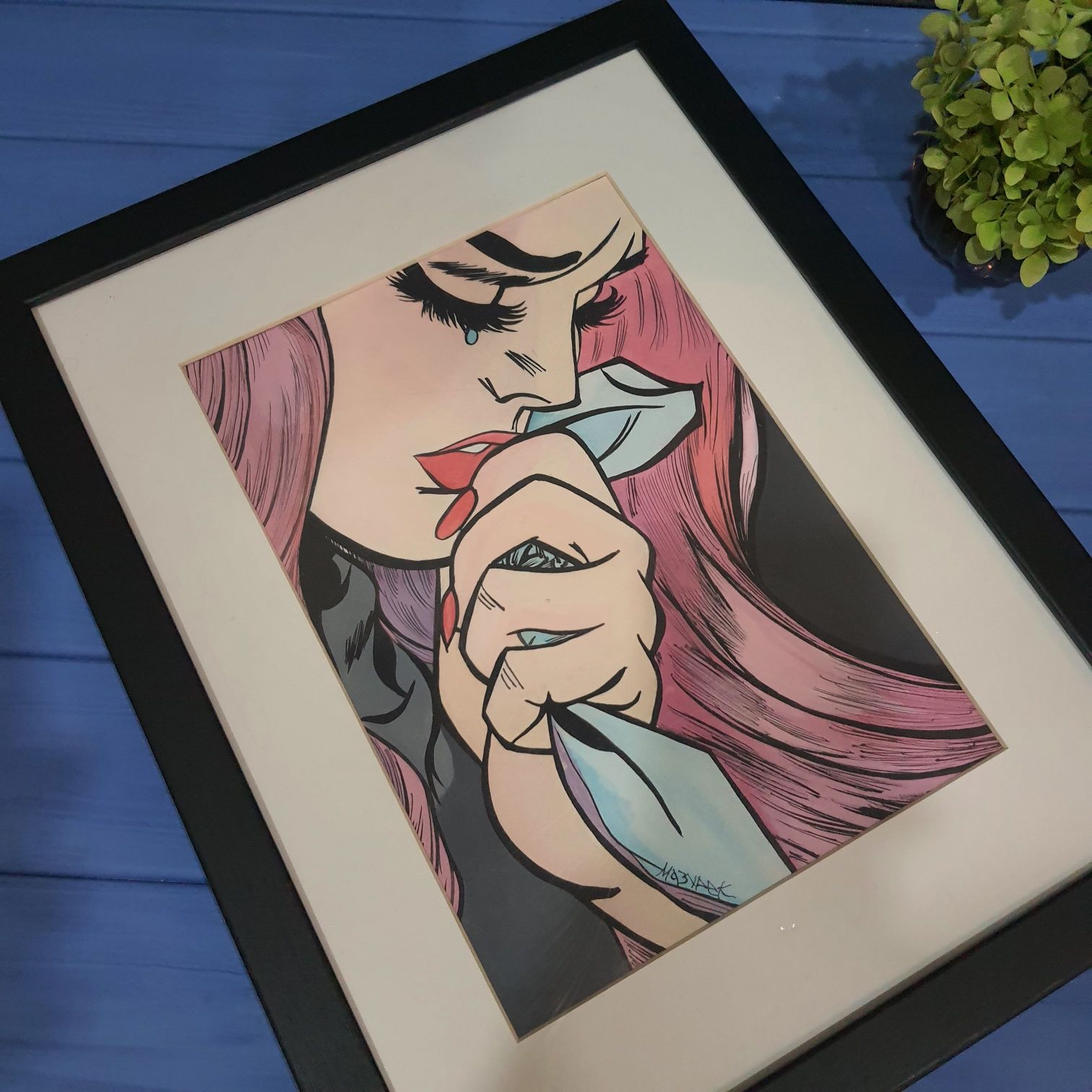 Комикс, картина поп арт, плачущая девушка с розовыми волосами