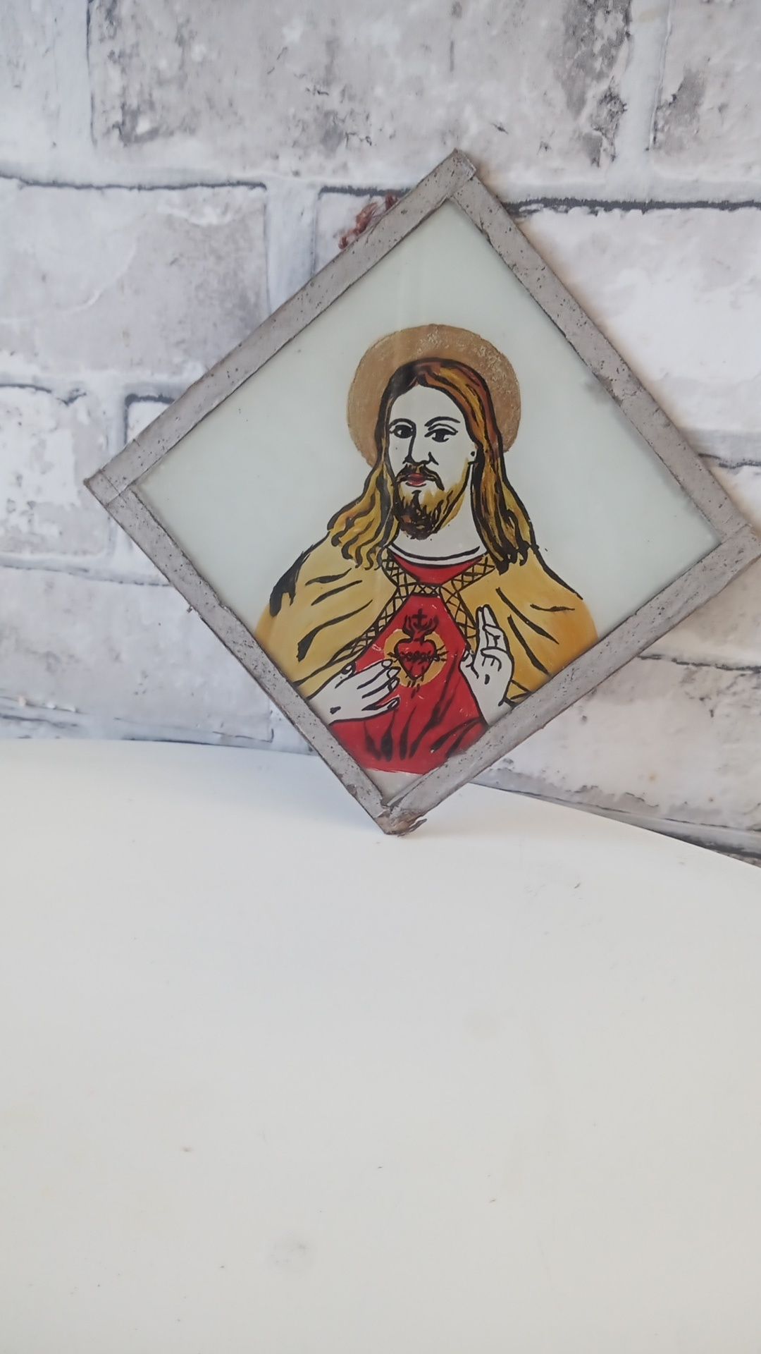 Szklany zabytkowy obrazek Jezus
