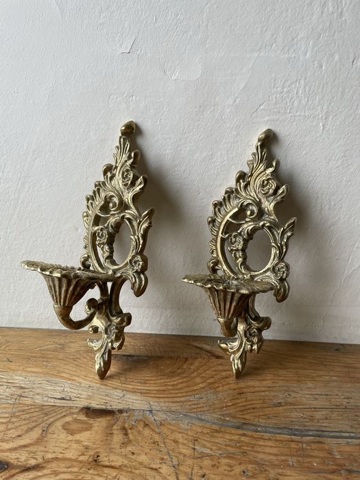 Ścienne świeczniki mosiężne vintage PRL antyk mosiądz komplet