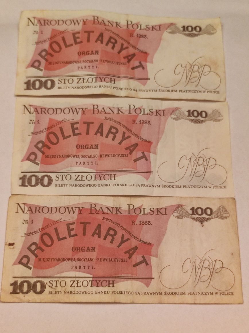 Zestaw trzech banknotów 100zł Ludwik Waryński