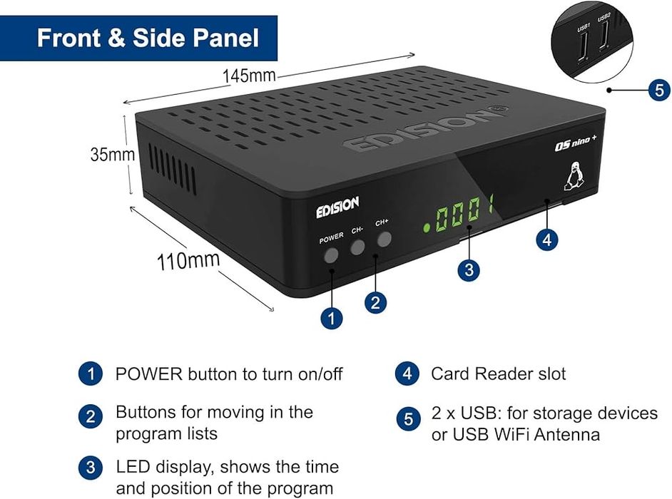 Edision OS nino plus Odbiornik DVB-S2 + DVB-T2/C H.265 z WLAN