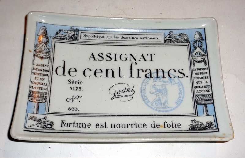 Assignat de cent francs - stara porcelanowa podstawka reklamowa.