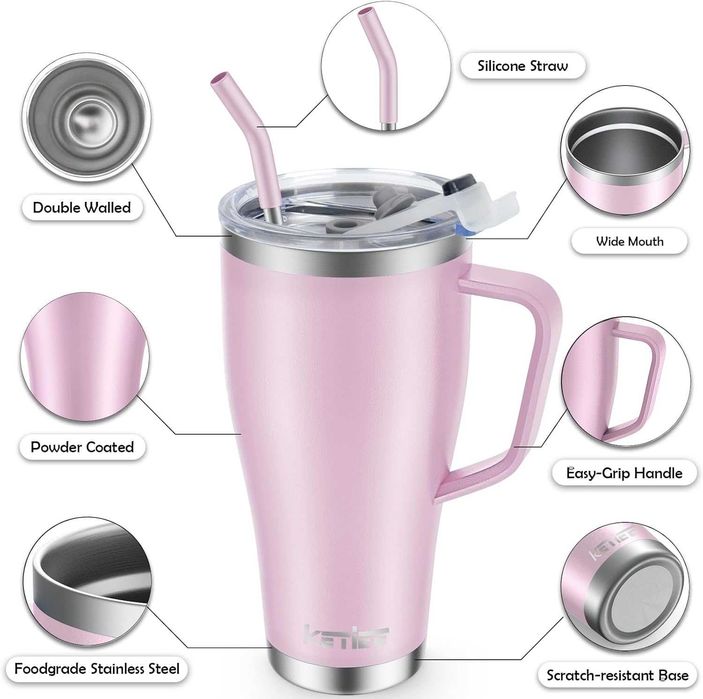 Kubek termiczny podróżny 850ml ze słomką, z 2 pokrywkami i uchwytem